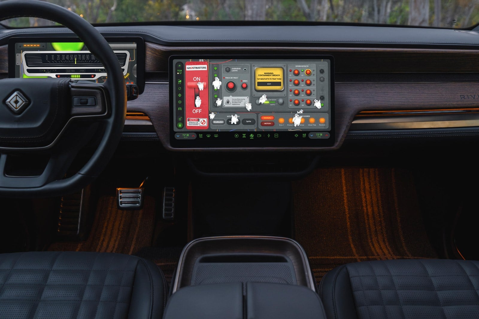 A car's center screen shows a gray control panel with a red on-off switch, round red buttons and small cartoon marshmallow men