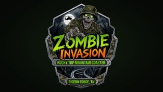 Zombie Invasion logo for Rocky Top Mountain Coaster in Pigeon Forge, Tennessee: a zombie soldier reaching over a coaster track under a full moon