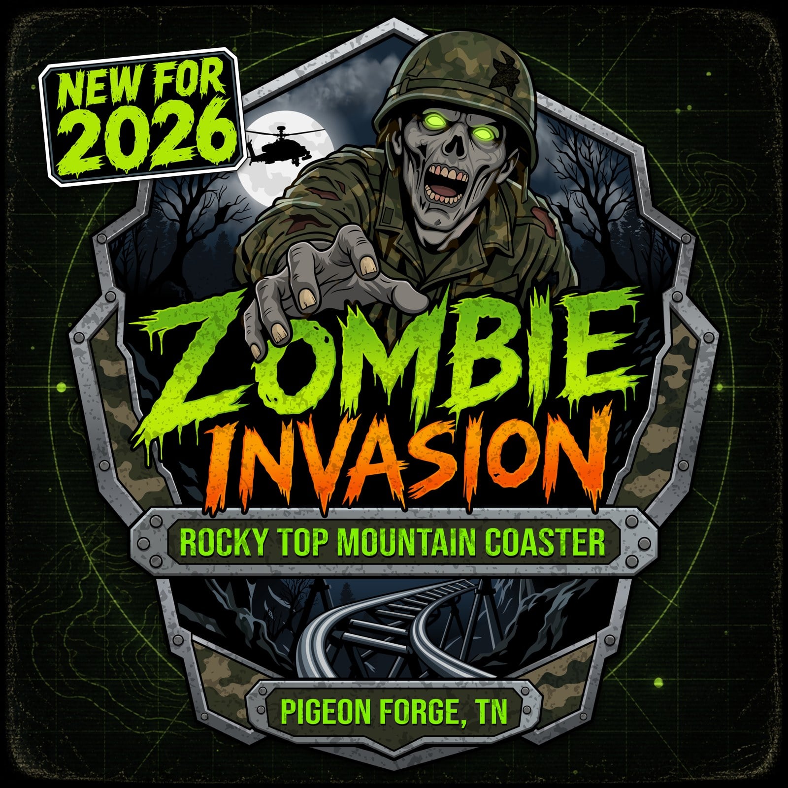 Zombie Invasion key art: a zombie soldier in a helmet reaches out over the Rocky Top Mountain Coaster track under a full moon, with a New for 2026 badge