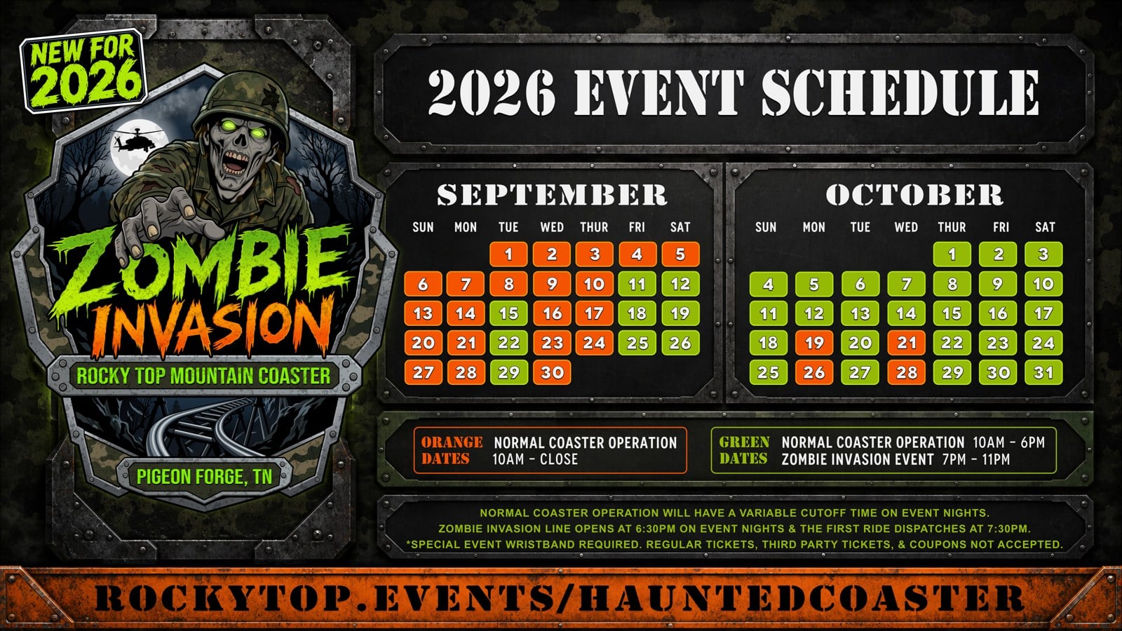 Rocky Top Mountain Coaster 2026 event schedule showing Zombie Invasion nights in green across September and October