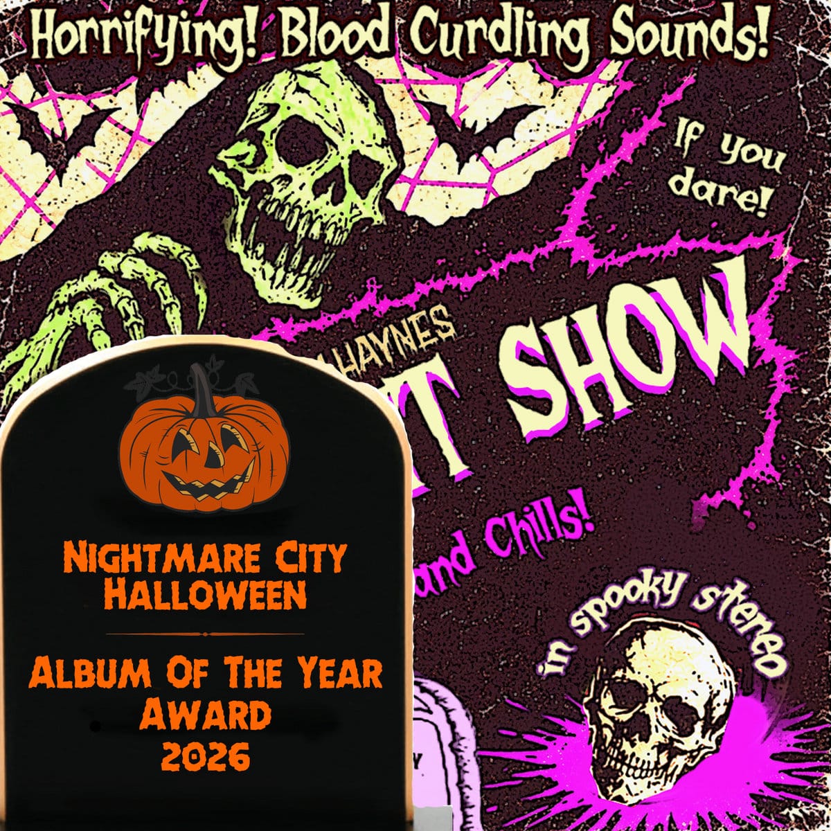 Pink and green poster-style album cover for The Midnight Show with skulls and a skeletal hand, and a Nightmare City Halloween award badge in one corner