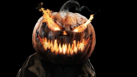 A figure with a carved, flaming jack-o'-lantern for a head and a dark coat, against a black background