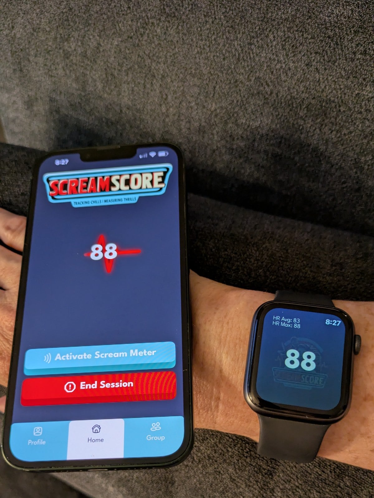 A phone running Scream Score shows the number 88 beside an Apple Watch on a wrist showing 88 with an average heart rate of 83