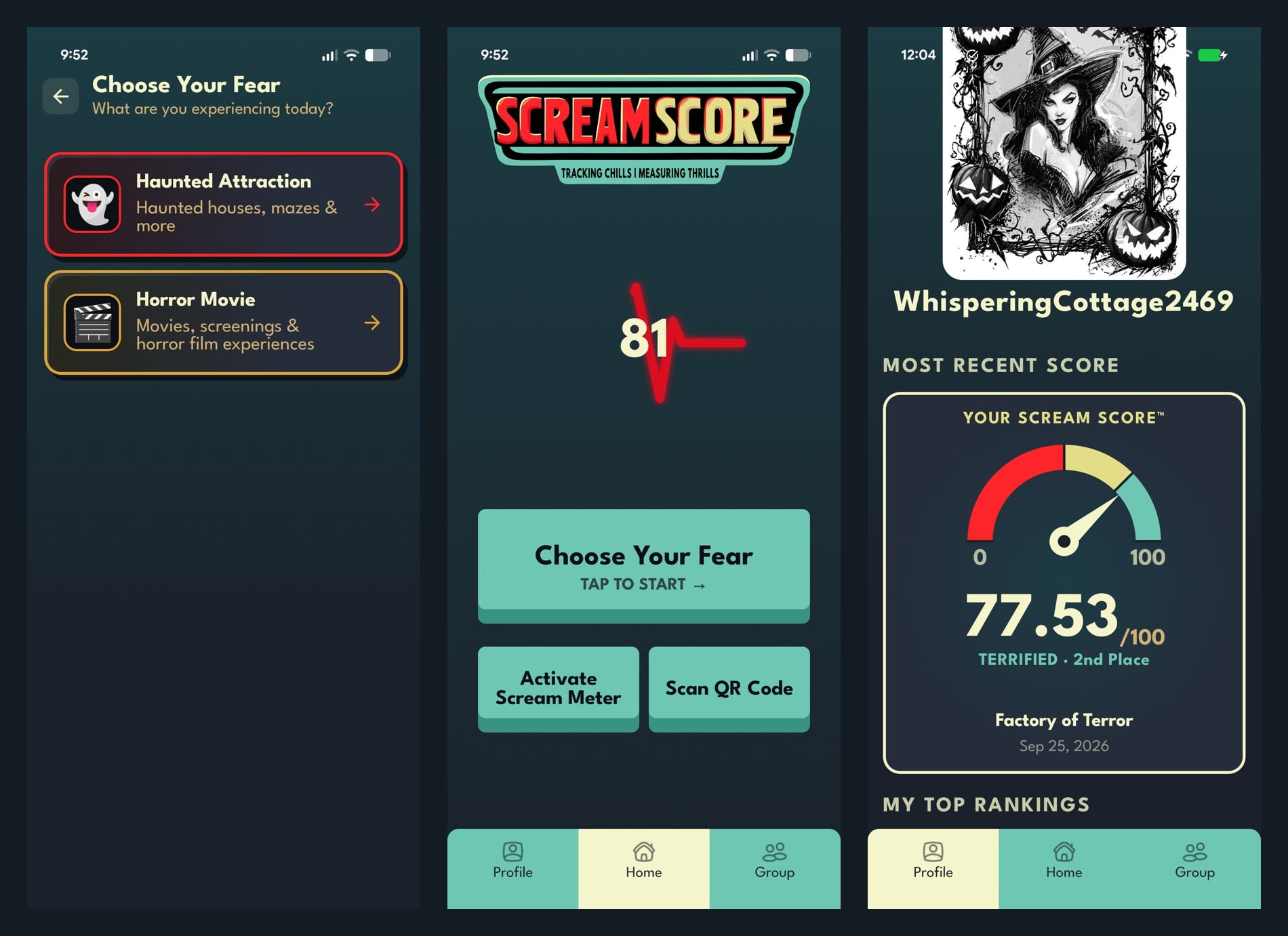 Three app screens: a Choose Your Fear menu with Haunted Attraction and Horror Movie, a home screen showing 81, and a score gauge reading 77.53 out of 100