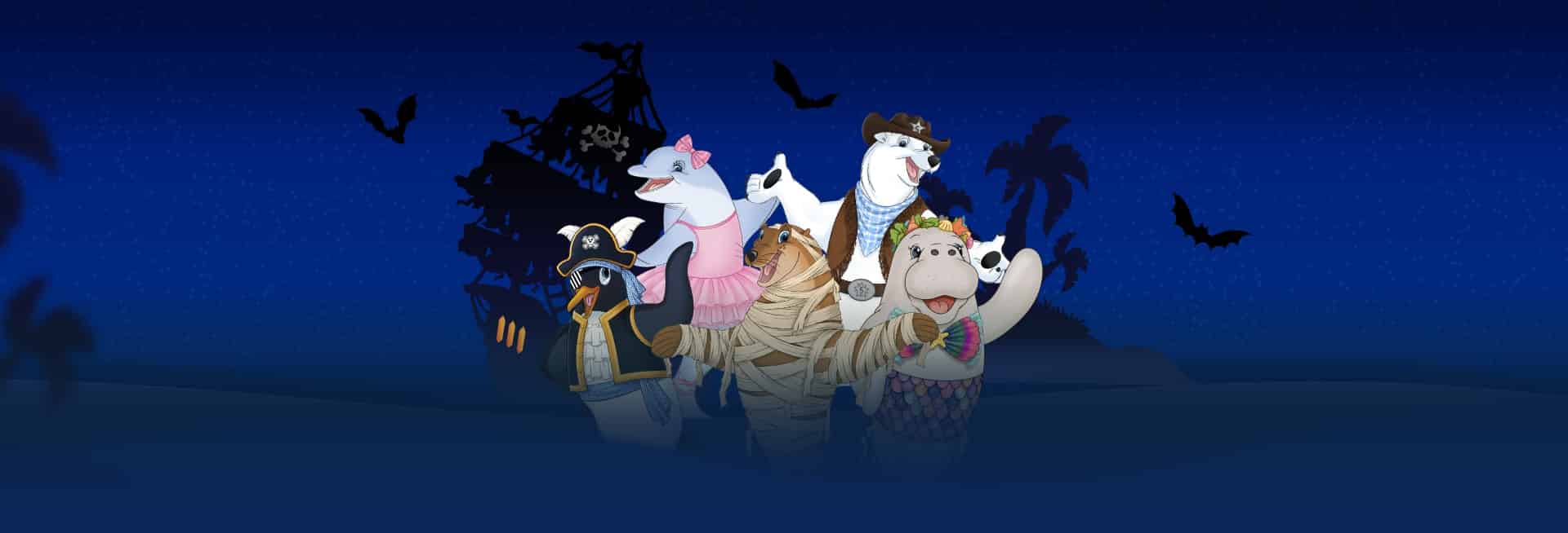 An illustration of SeaWorld Yas Island's animal characters in Halloween costumes, including a pirate penguin and a mummy, under a night sky with bats