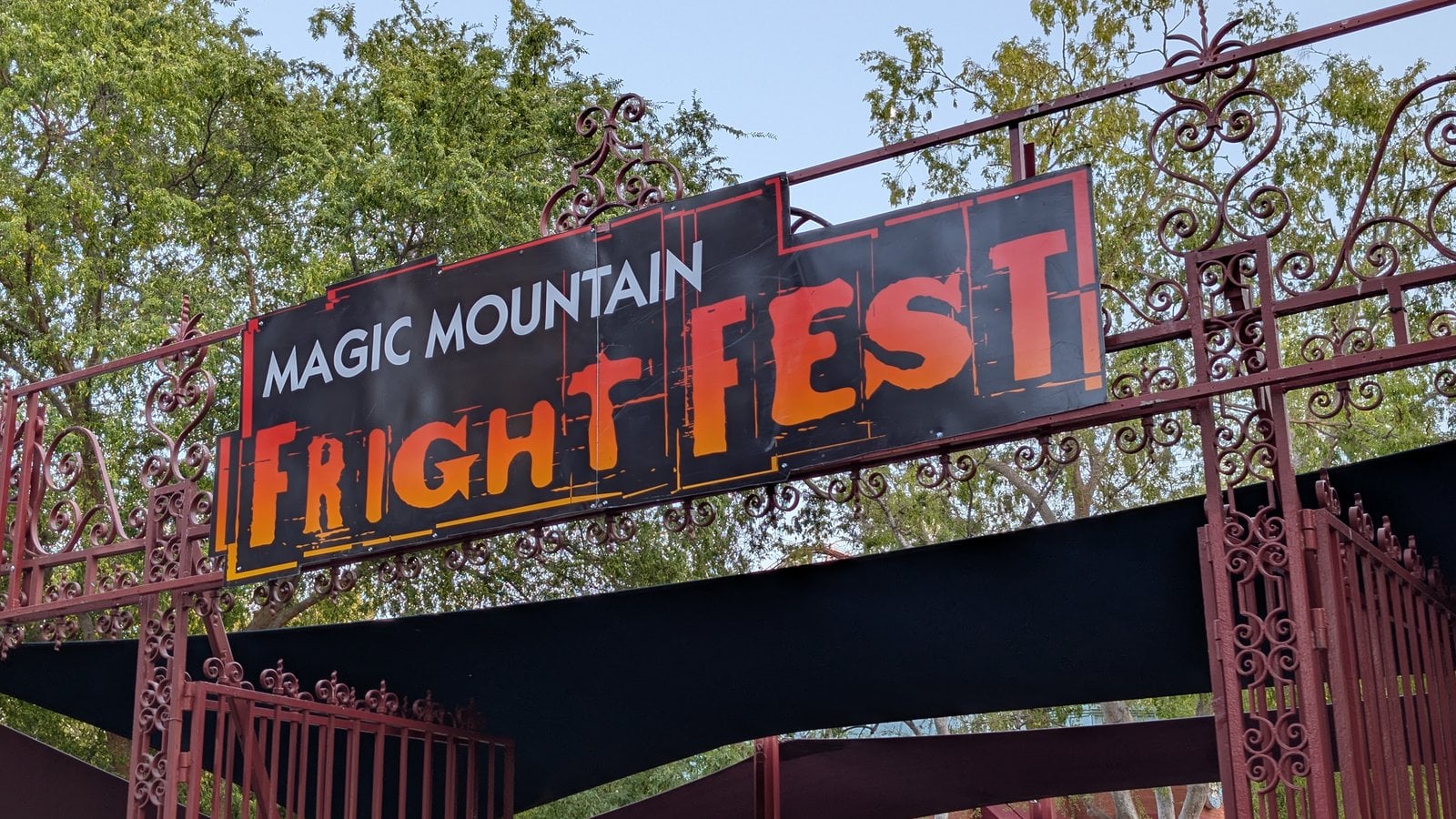 The Magic Mountain Fright Fest sign over the entrance gate at Six Flags Magic Mountain