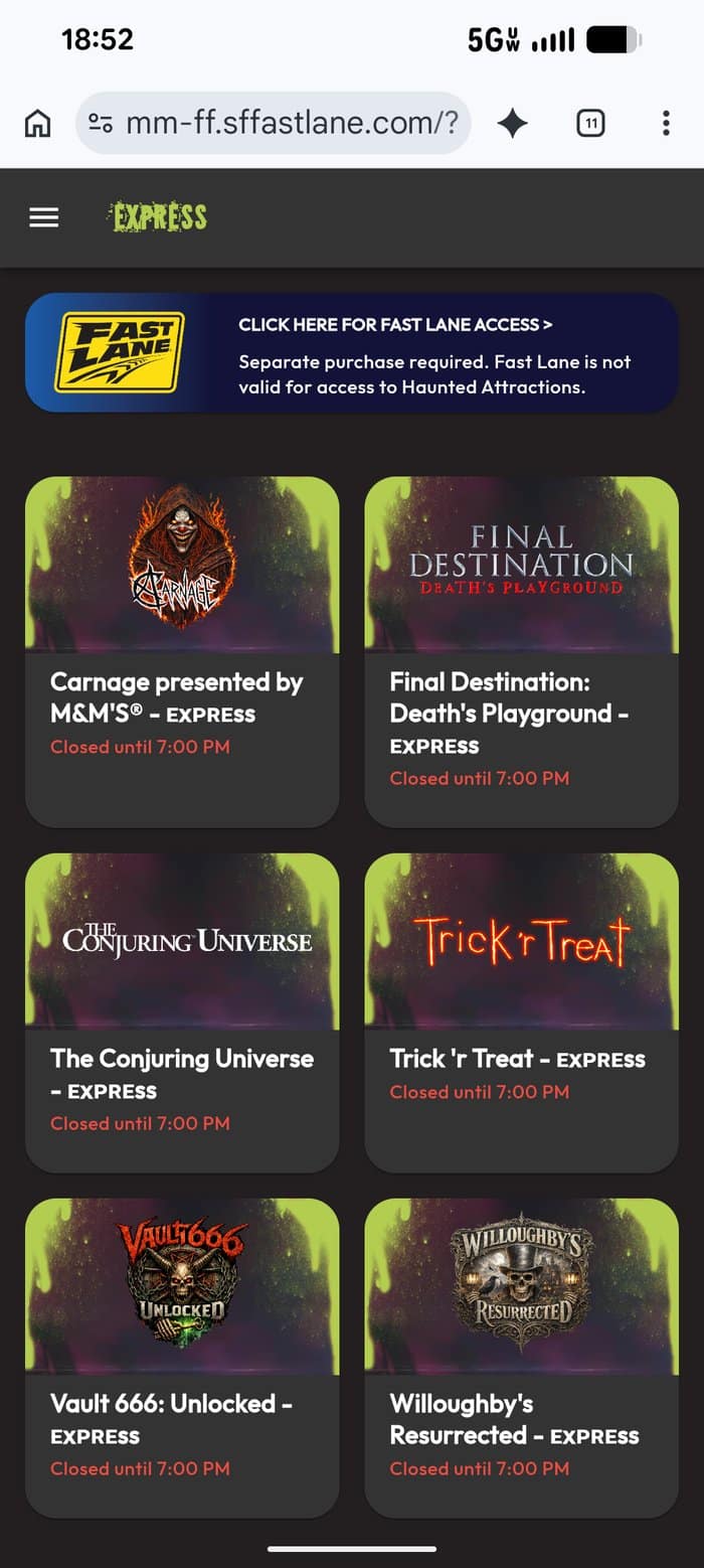 The Fright Fest Express web app listing six haunted mazes, each closed until 7 p.m., with a note that Fast Lane is not valid for the mazes