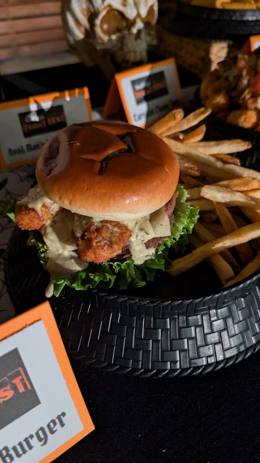 The Fright Fest Burger with pepper jack cheese and a jalapeno popper, served with fries