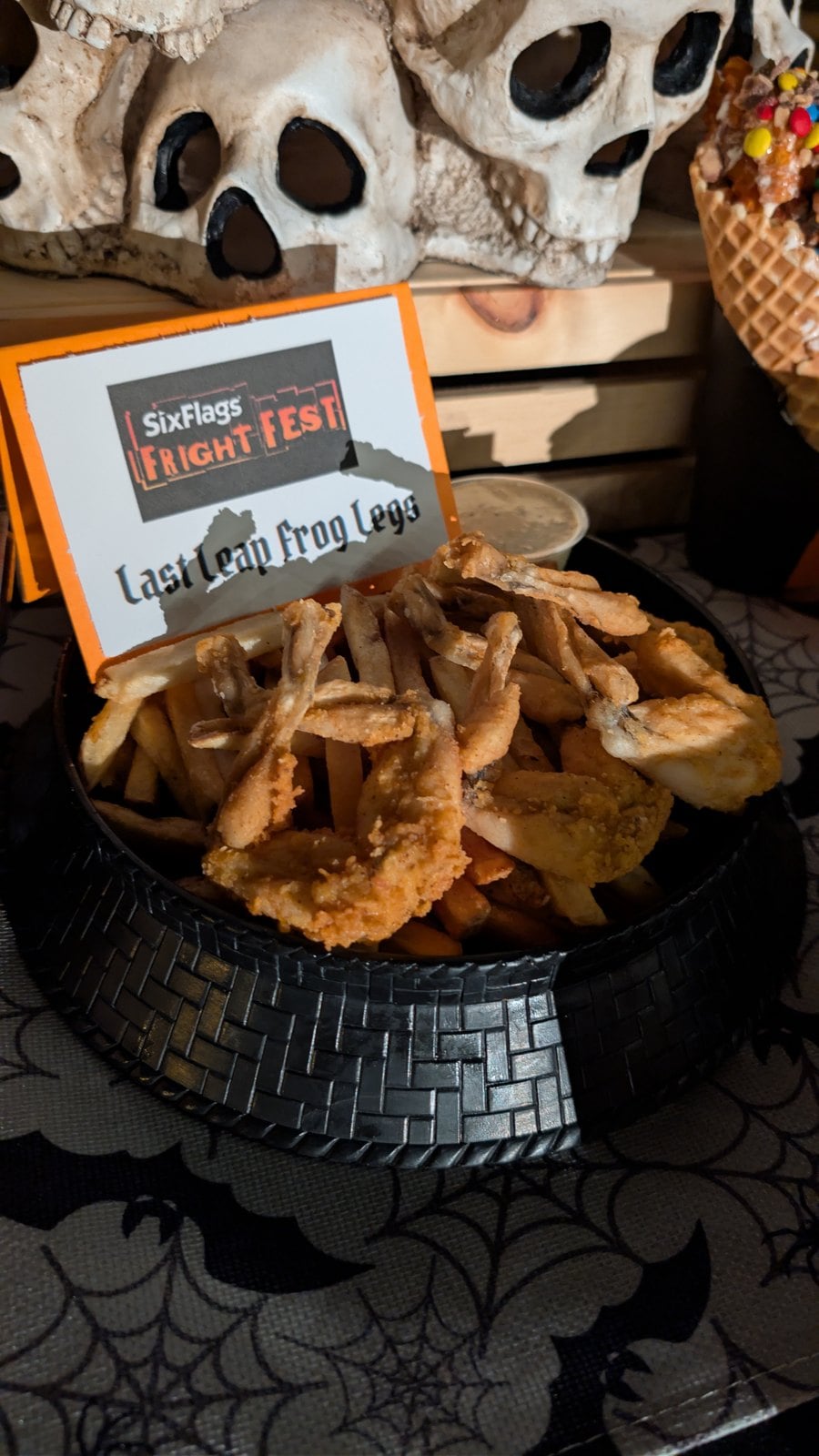 Last Leap Frog Legs over fries with a Six Flags Fright Fest card at Six Flags Magic Mountain