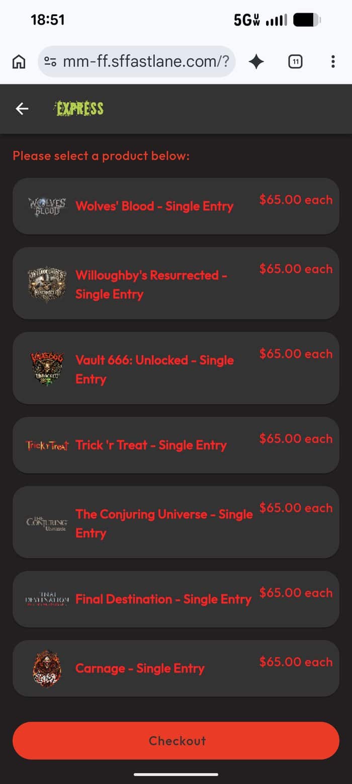 The Fright Fest Express web app selling single-entry Express for each of the seven mazes at $65 each