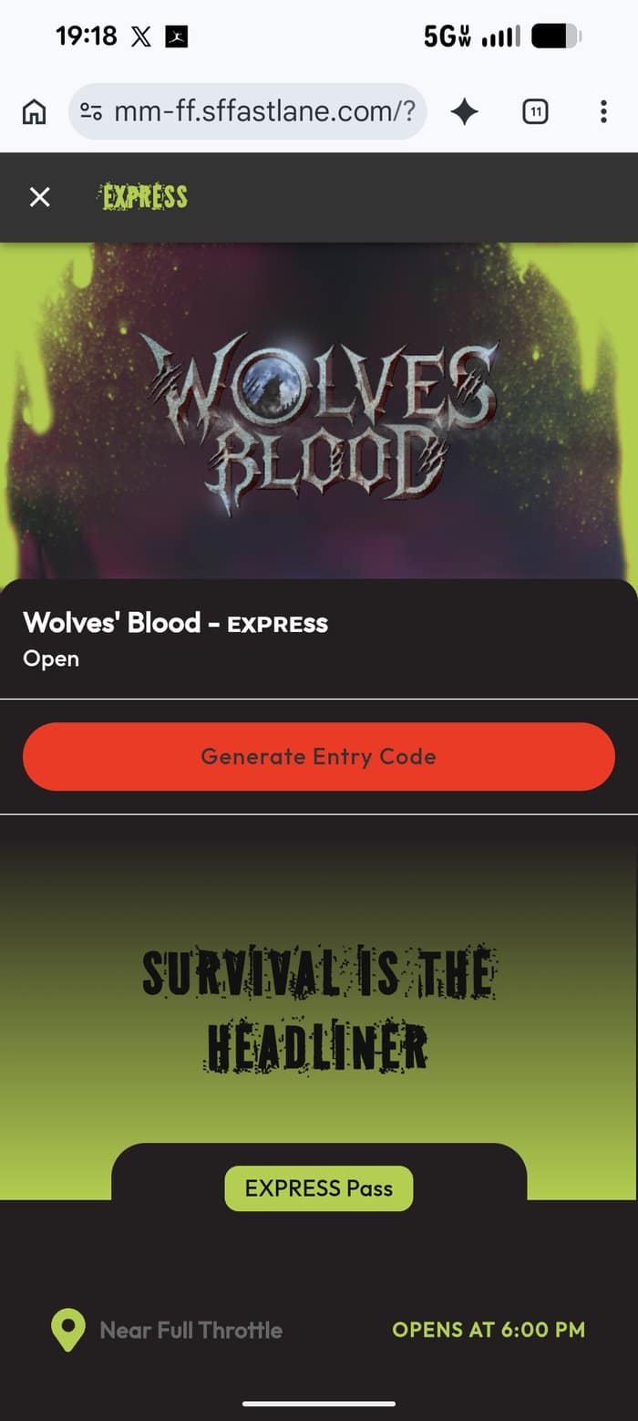 The Wolves' Blood Express screen in the Fright Fest web app with a Generate Entry Code button and the location near Full Throttle