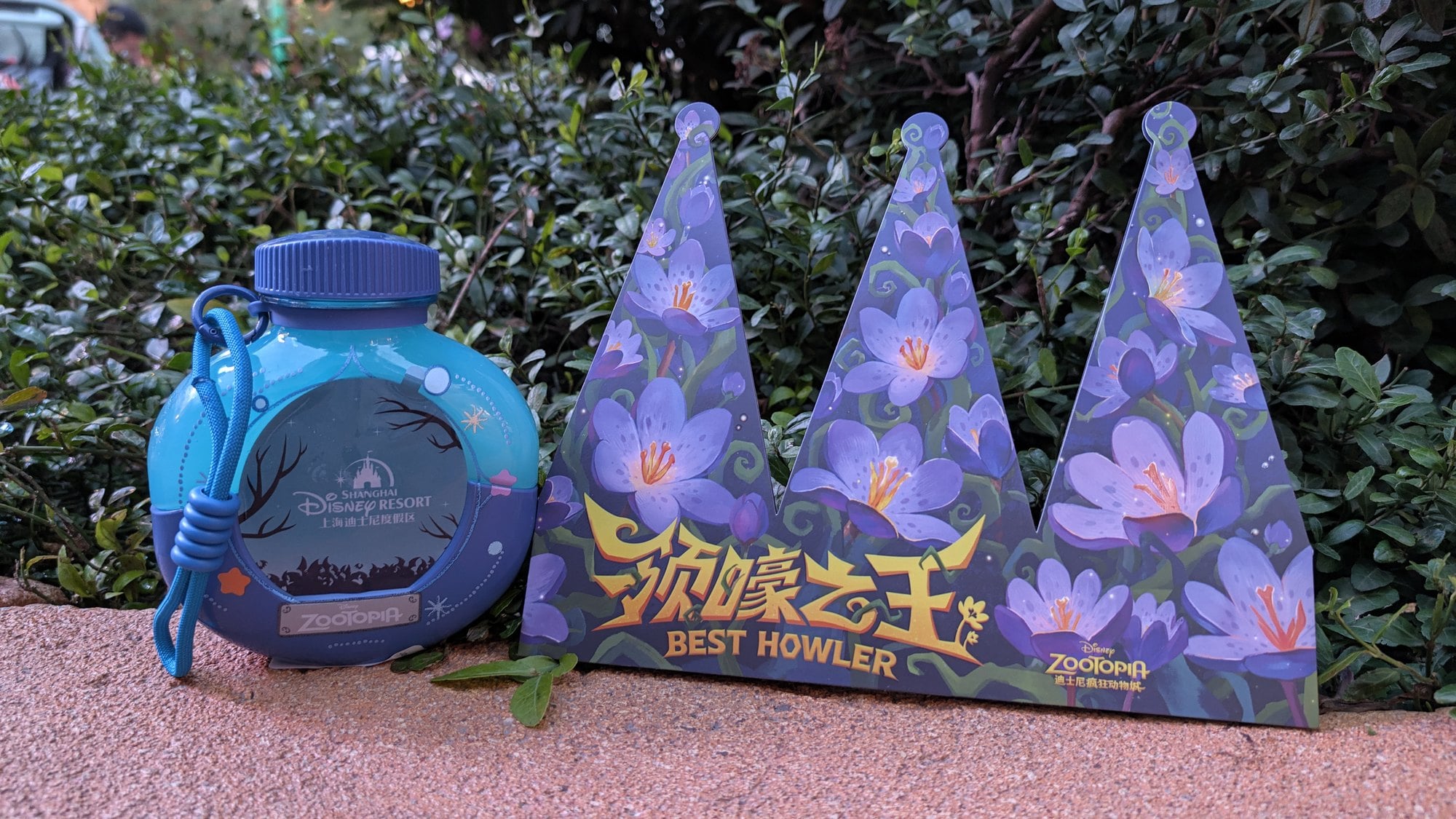 A paper crown printed Best Howler beside a Zootopia-themed bottle on a ledge at Shanghai Disneyland