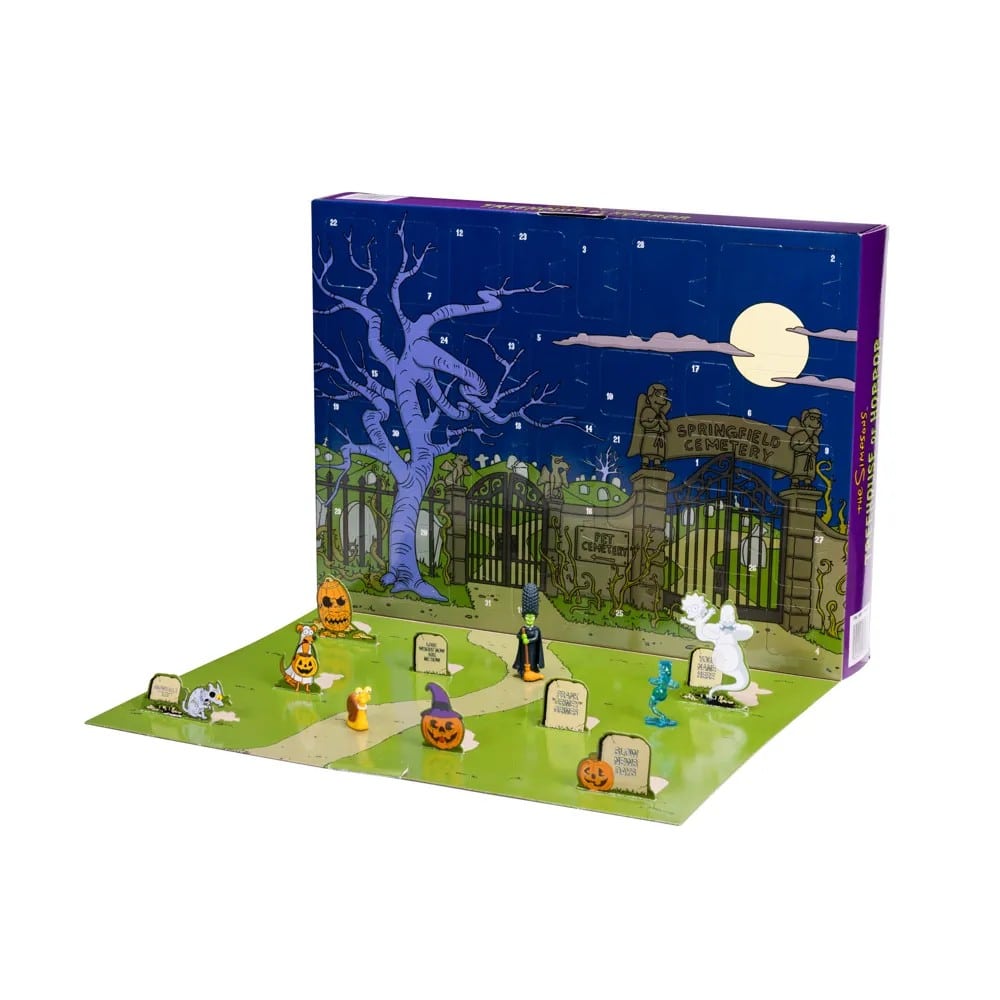 The Simpsons Treehouse of Horror Countdown Calendar opened into a Springfield Cemetery scene with small figures and tombstones