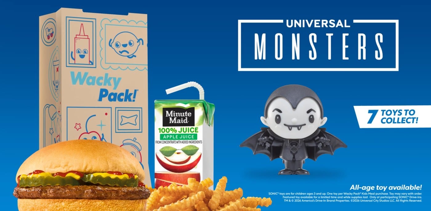 Sonic Wacky Pack Universal Monsters key art with Dracula figure and 7 toys to collect