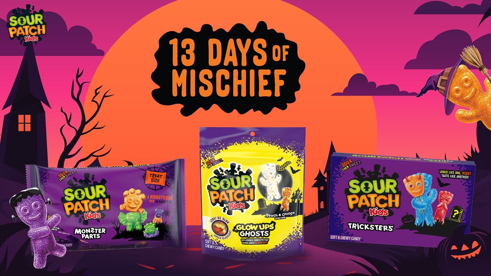 Three packs of Sour Patch Kids Halloween candy, Monster Parts, Glow Ups Ghosts and Tricksters, in a drawn Halloween scene with the words 13 Days of Mischief