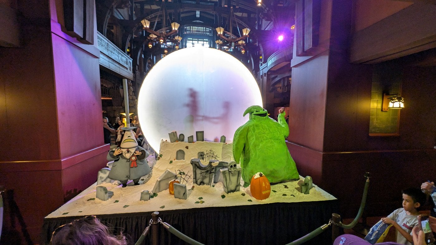 The Spiral Hill Confectionery Nightmare Before Christmas display in the Grand Californian lobby