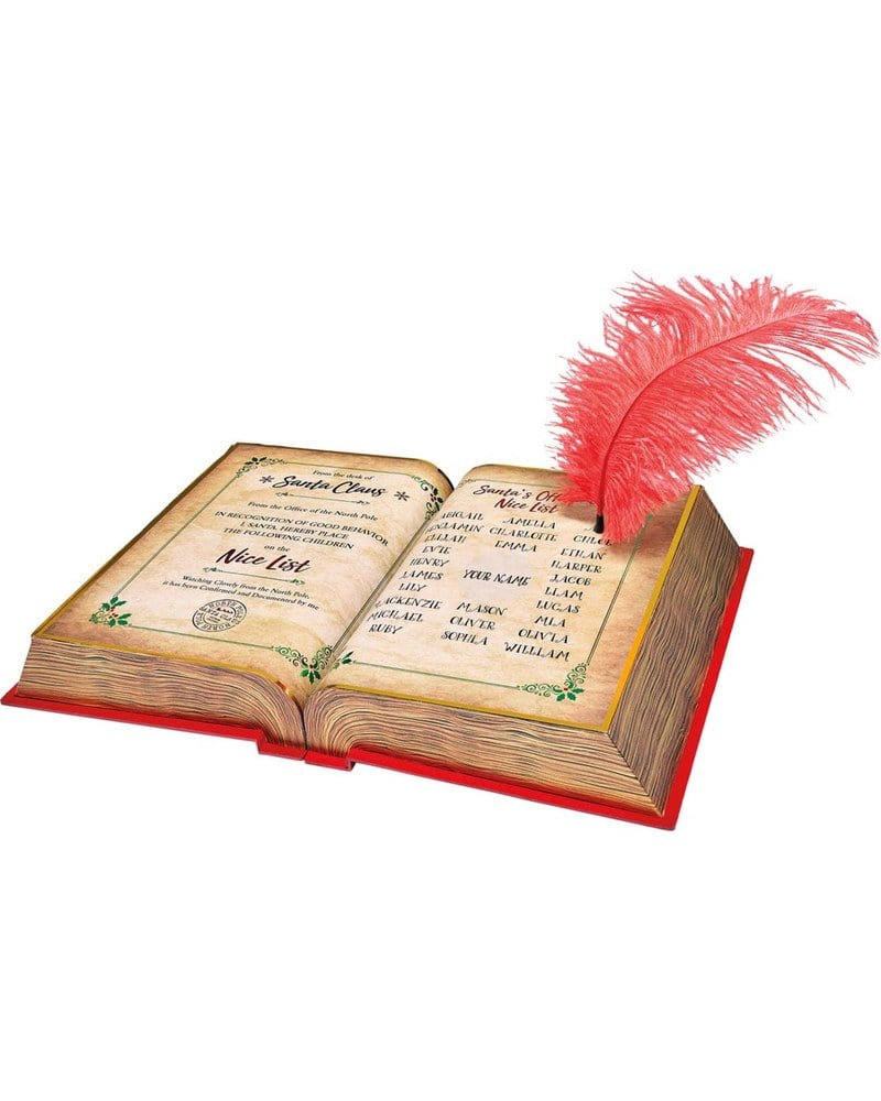 An open storybook with a red feather pen resting on the page