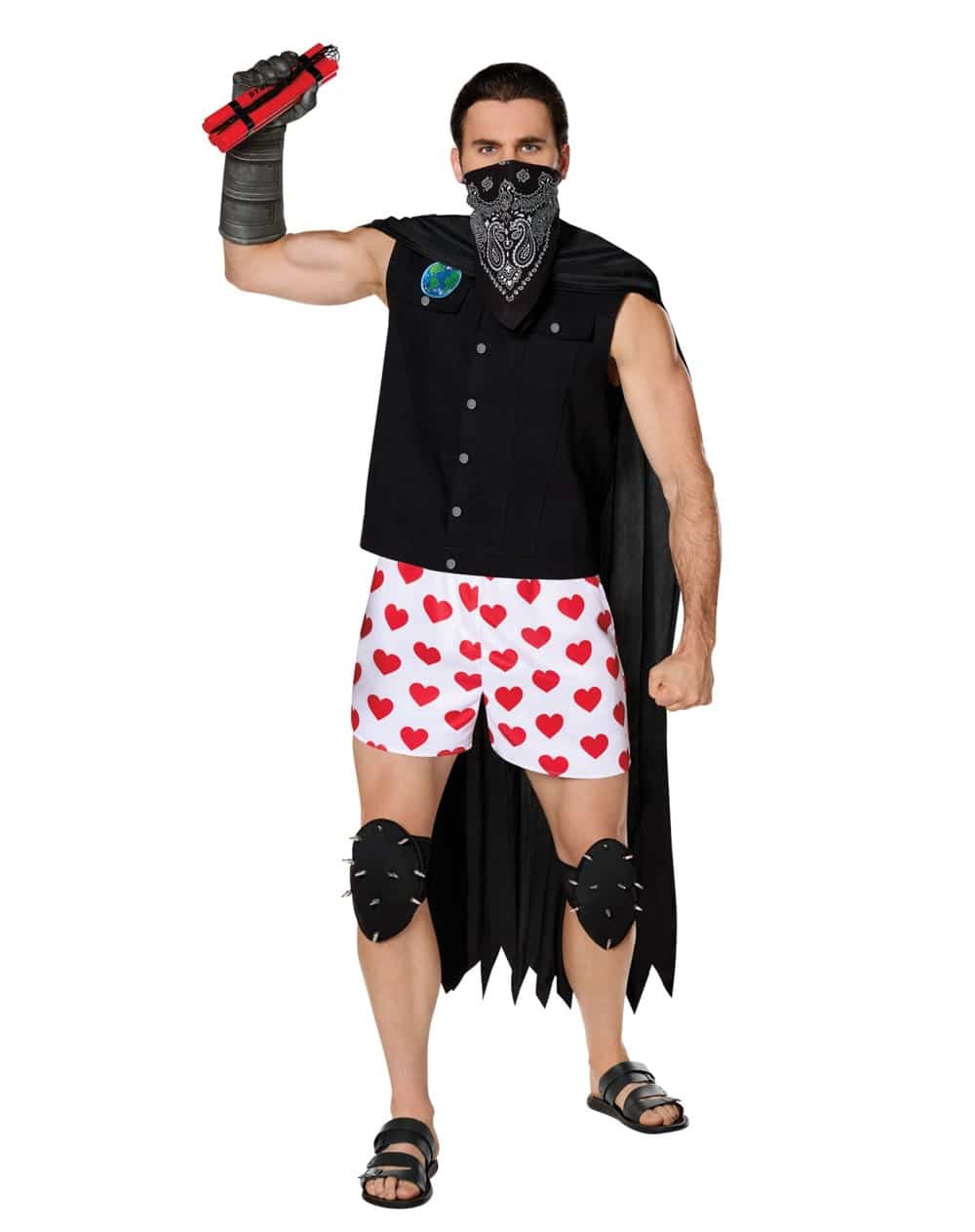 A model in Spirit Halloween's Dungeon Crawler Carl costume holding a red dynamite prop, which is not included