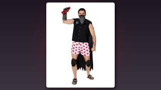 Spirit Halloween's Adult Dungeon Crawler Carl costume with heart-print shorts, a black vest, a cape, a paisley bandana and spiked knee pads