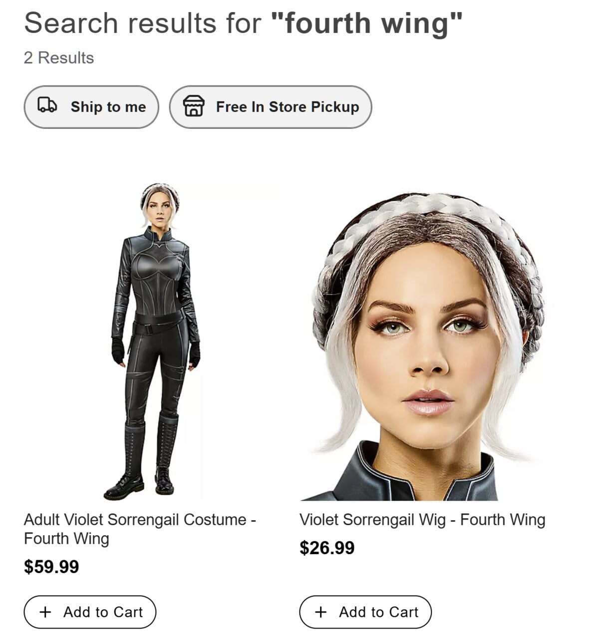 Spirit Halloween Fourth Wing search results: Violet Sorrengail costume and wig