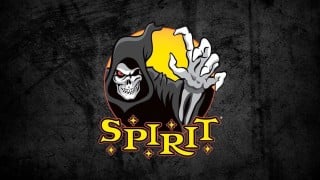 The Spirit Halloween logo, a hooded skull reaching out of a yellow moon above the word Spirit