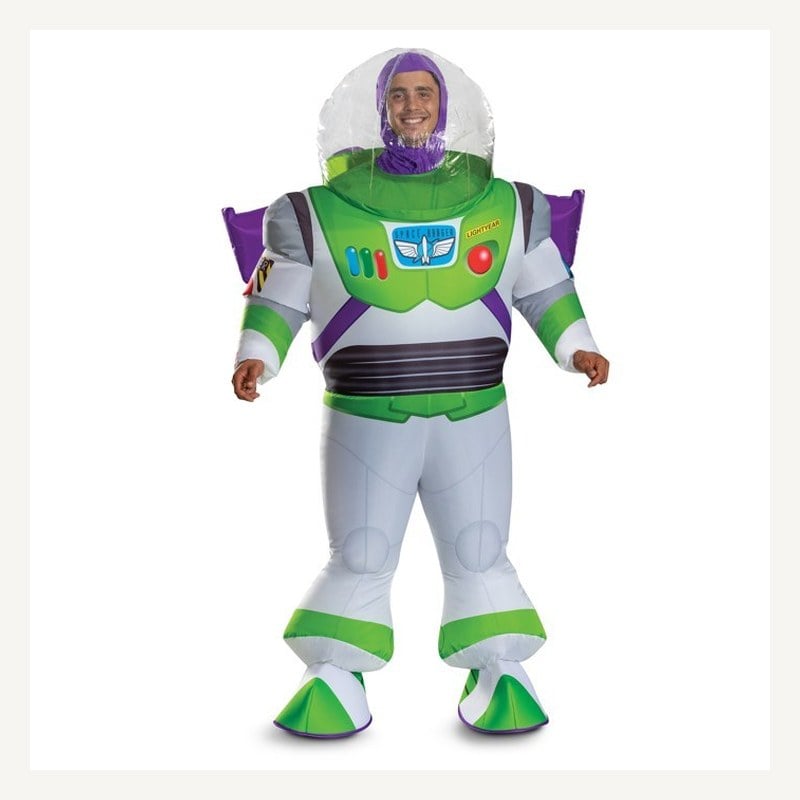 A man in an inflatable Buzz Lightyear costume with a clear bubble helmet