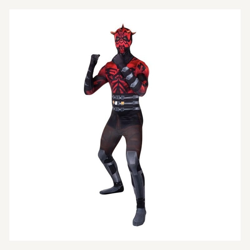 A person in a red and black Darth Maul printed bodysuit and mask