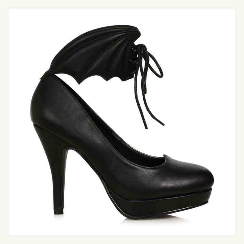 A black high-heel pump with a black bat wing wrapped around the ankle, tied with laces