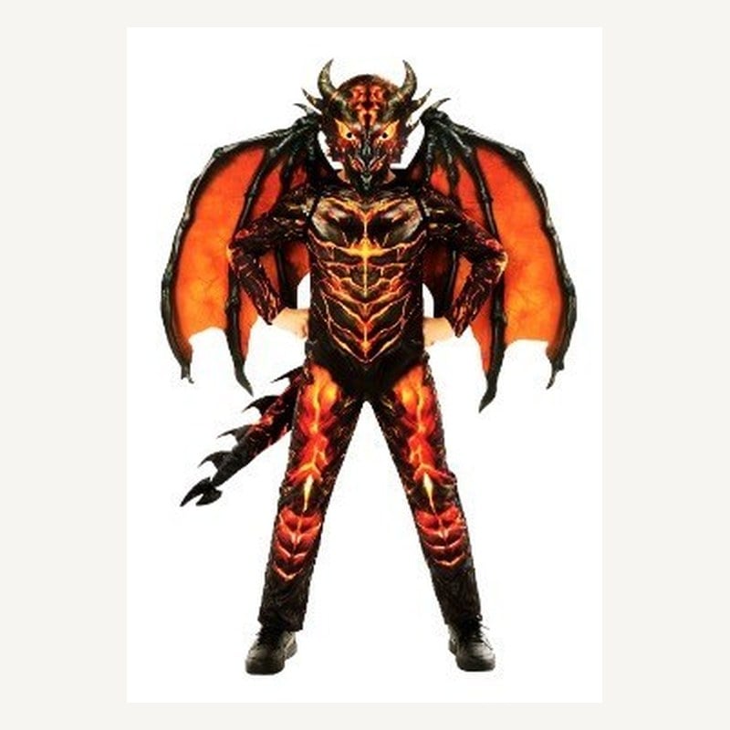 A child in a black and orange fire-printed dragon suit with horns and spread wings