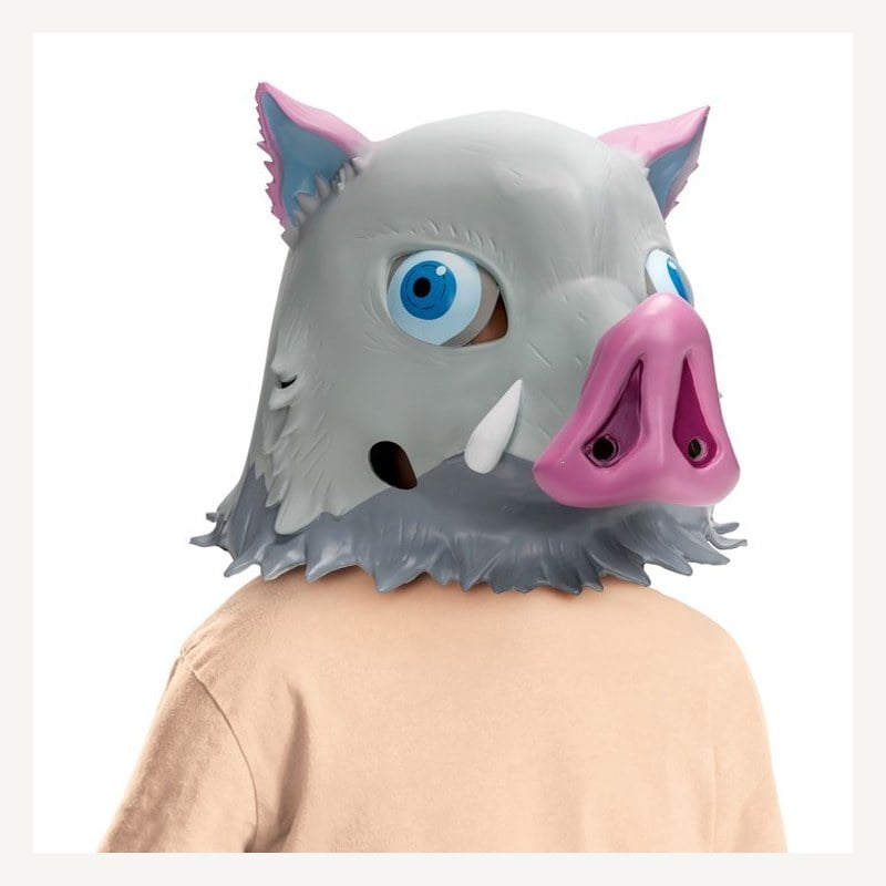 A gray boar head mask with blue eyes, a pink snout, and white tusks