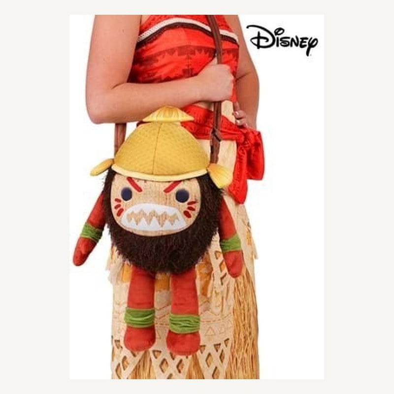 A plush Kakamora satchel with a painted coconut face, worn at the hip over a Moana costume
