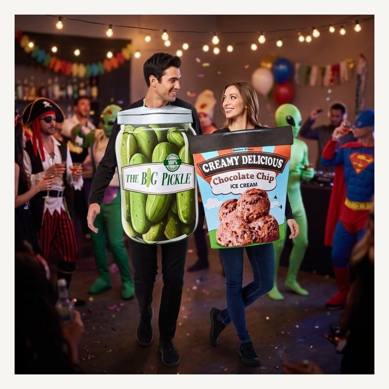 A couple at a costume party dressed as a jar of pickles and a carton of chocolate chip ice cream