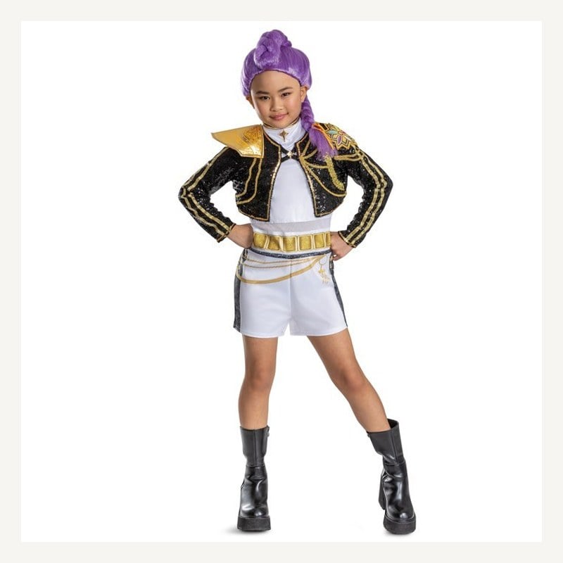 A girl in a white and gold Rumi costume with a black sequin jacket and a purple braided wig
