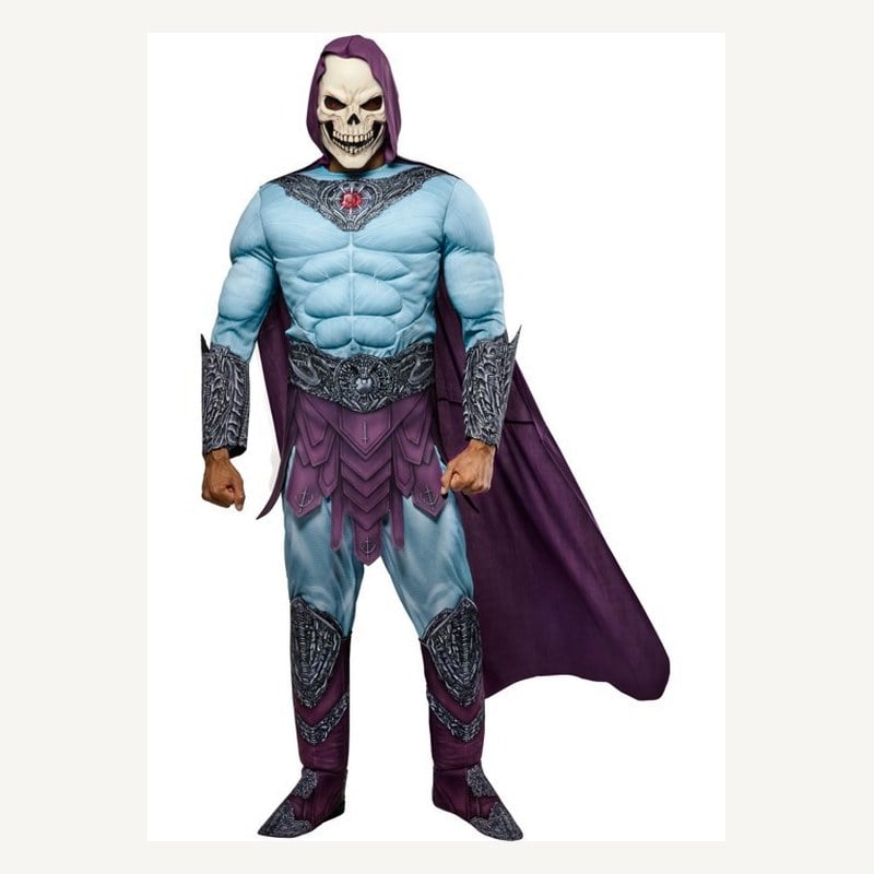A man in a blue muscle-chest Skeletor costume with a skull mask, purple hood, and cape