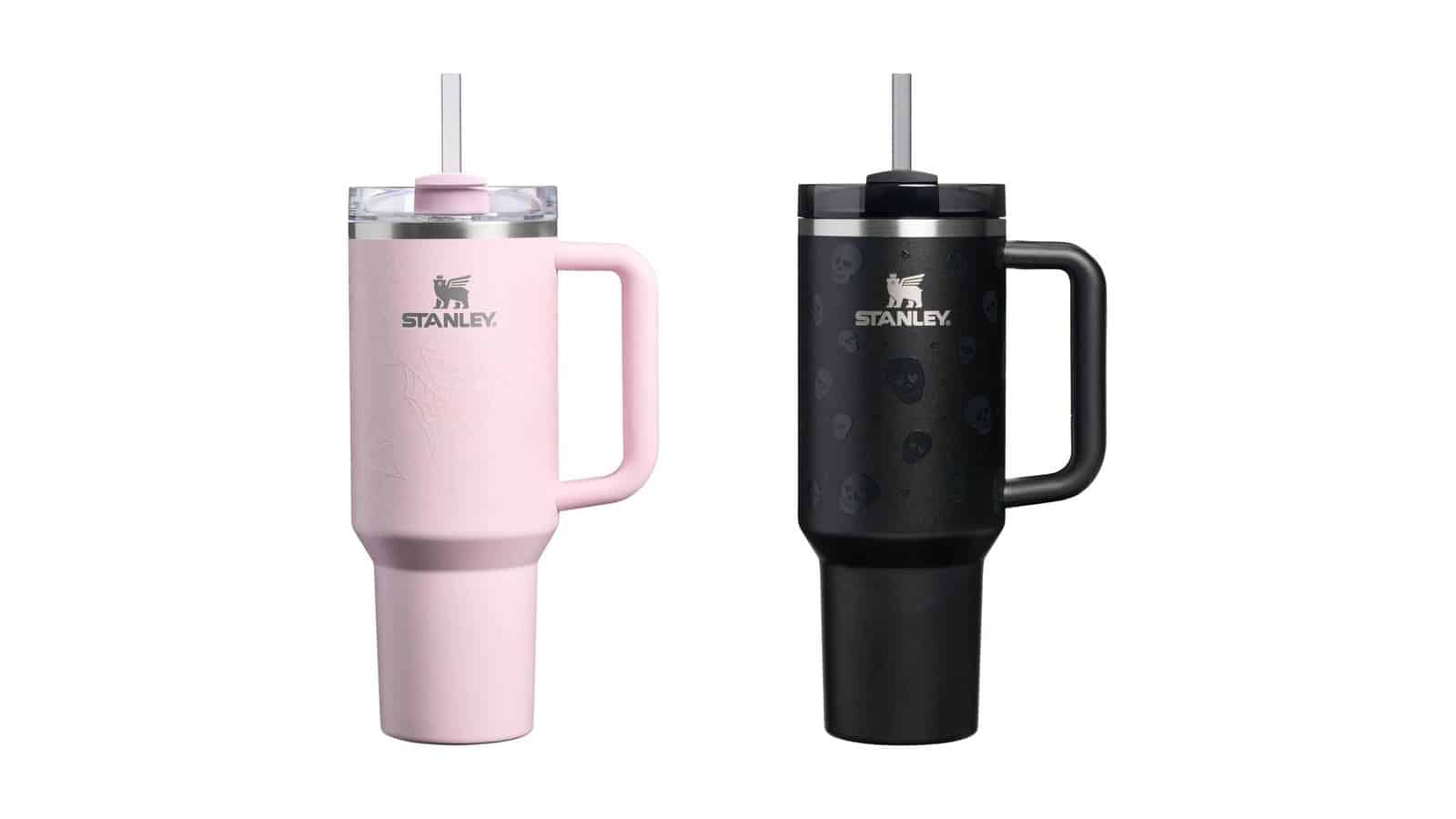 Stanley Lights Out Collection Quenchers at Target: a pink Sugar Spider Webs tumbler and a black Sweetheart Skulls tumbler