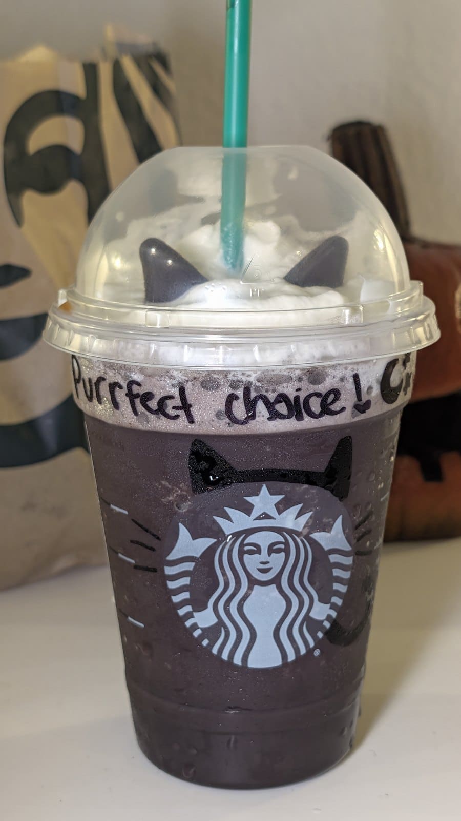 A Starbucks Black Cat Frappuccino in a clear cup with whipped cream and chocolate cat ears under a domed lid, with a cat face drawn on the cup