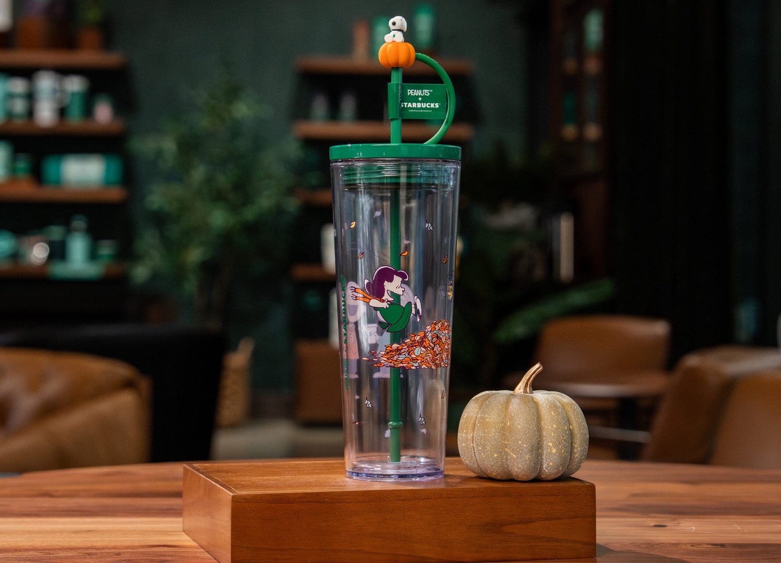 Starbucks and Peanuts clear 24-ounce Cold Cup with Snoopy and the Great Pumpkin and a Snoopy and Woodstock straw topper