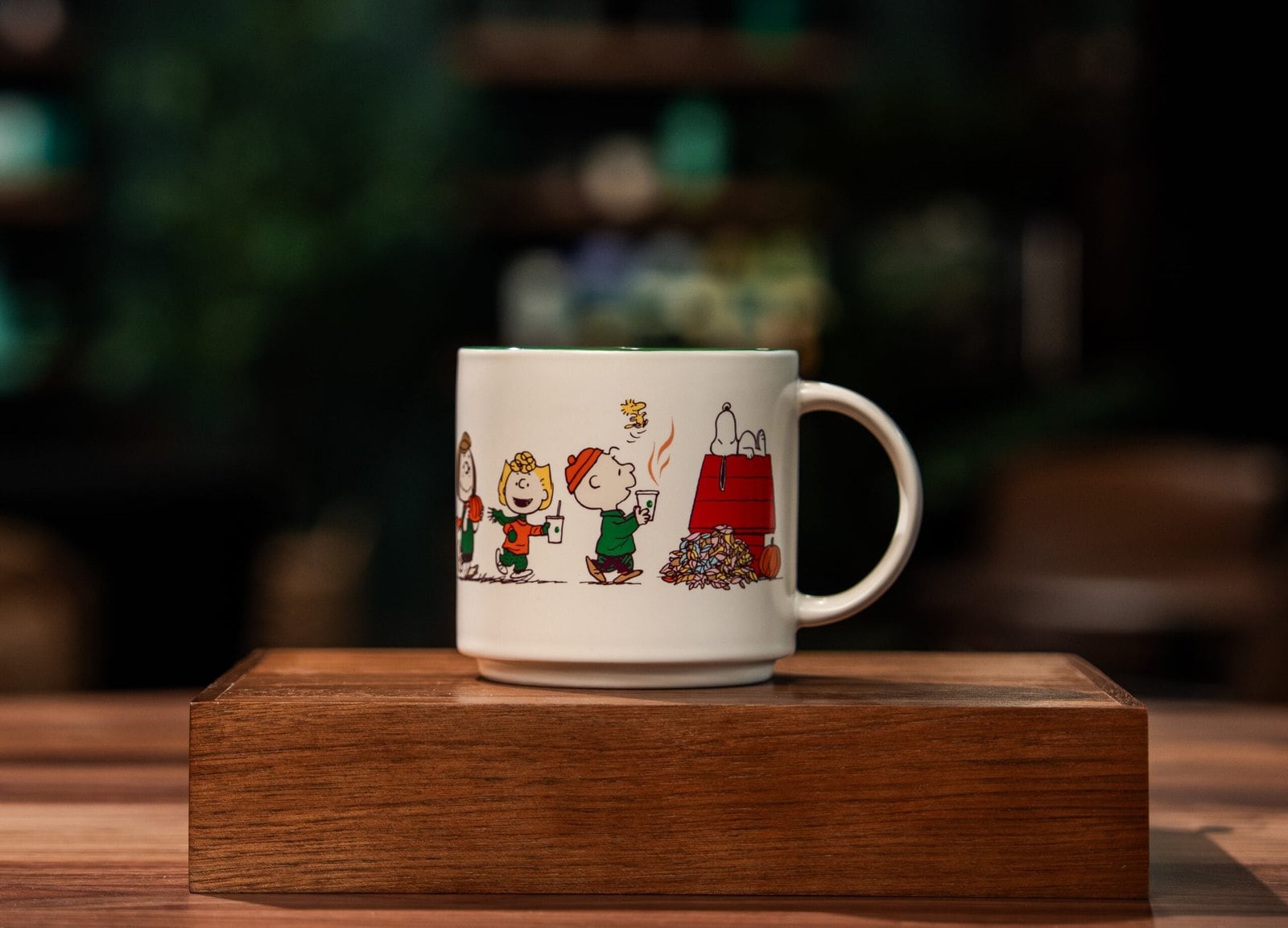 Starbucks and Peanuts 14-ounce ceramic mug showing the Peanuts gang raking leaves