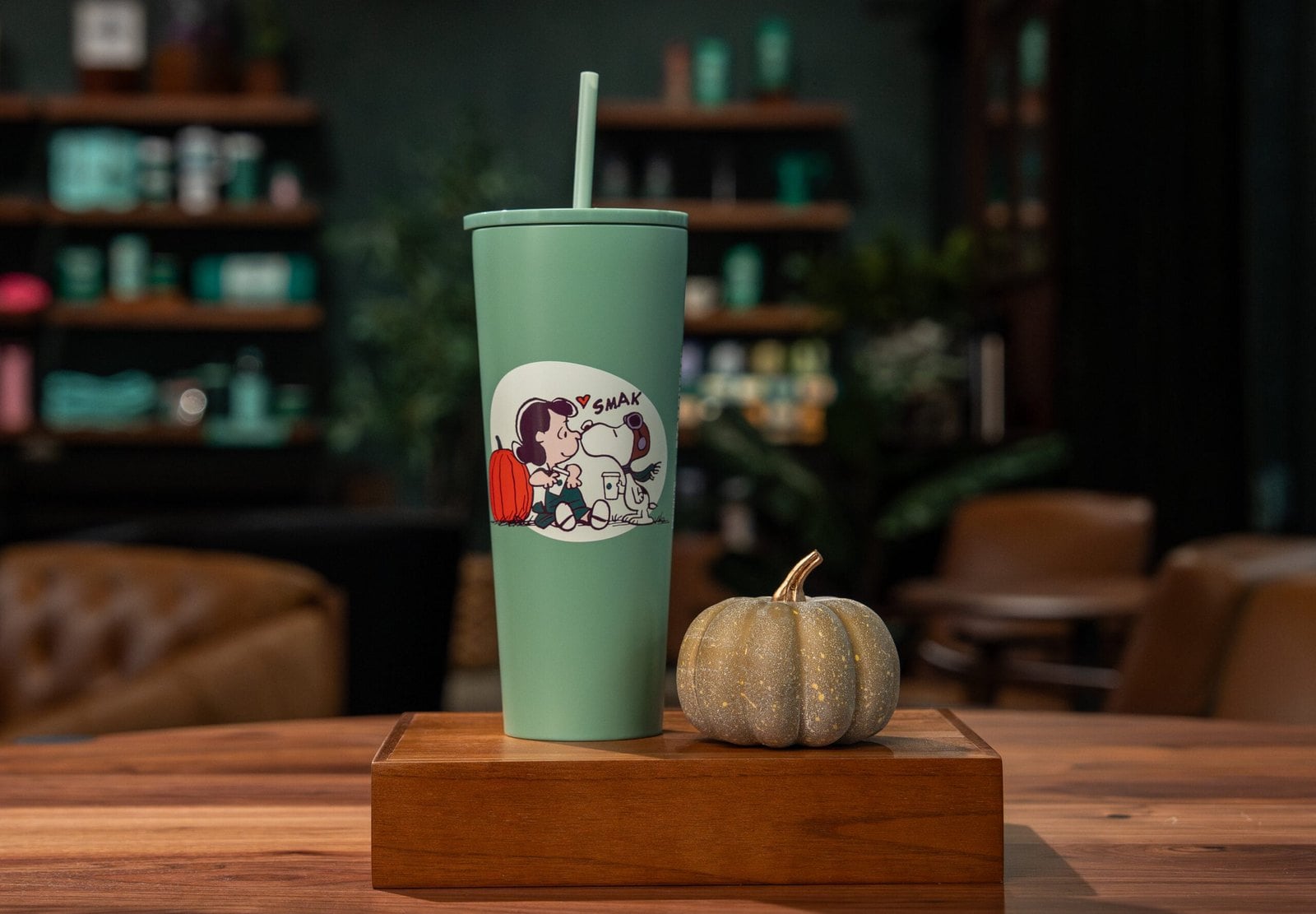 Starbucks and Peanuts sage-green Stainless Steel Cold Cup showing Lucy and Snoopy sharing a coffee moment