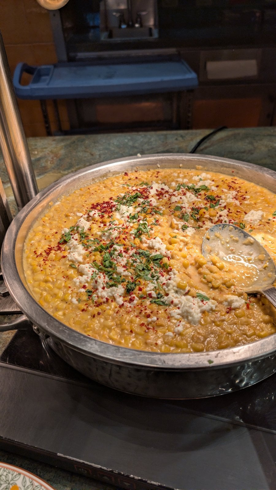 A creamy corn dish on the Storytellers Cafe dinner buffet