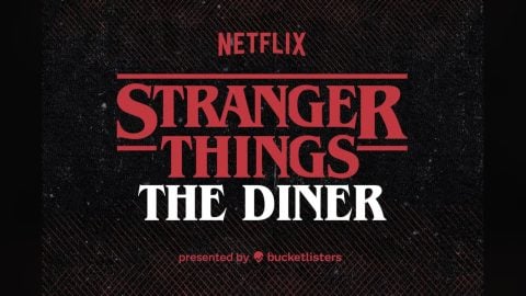 Red and white lettering on a dark textured background reads Netflix, Stranger Things, The Diner, presented by Bucket Listers