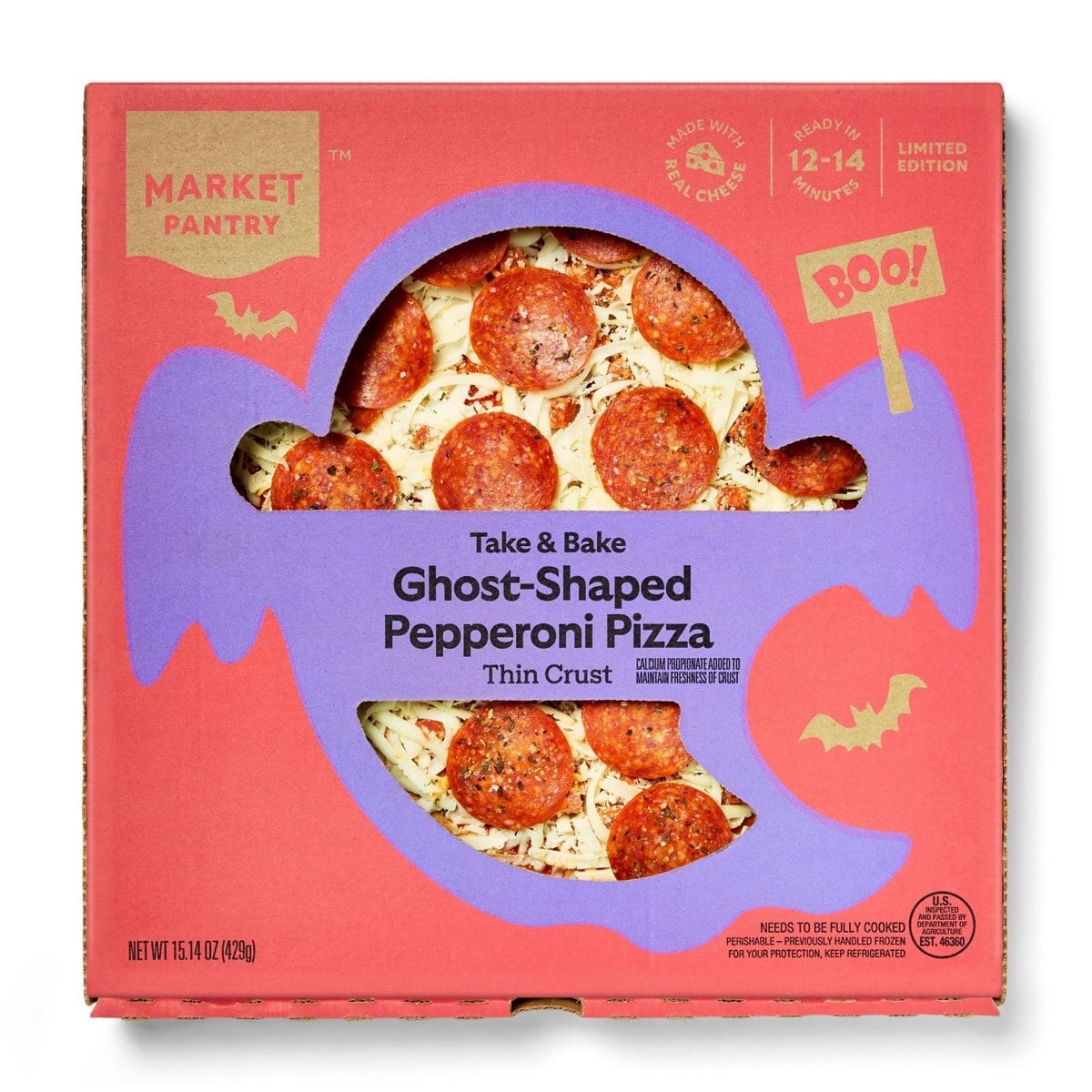 Market Pantry Take & Bake Ghost-Shaped Pepperoni Pizza in its ghost-window box
