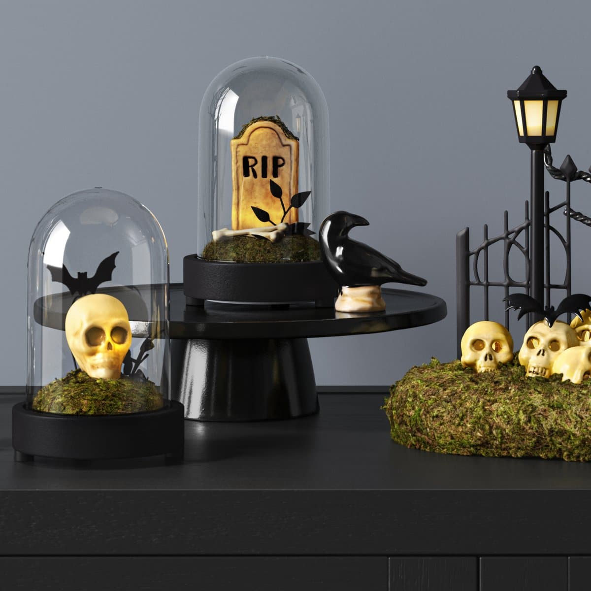 Target Threshold haunted village Halloween decor with skull cloche, raven and tombstone