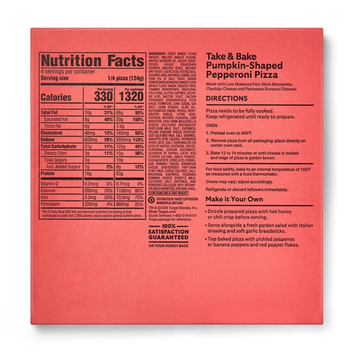 Back of the pumpkin-shaped pizza box with the nutrition label, oven directions, and Make it Your Own tips