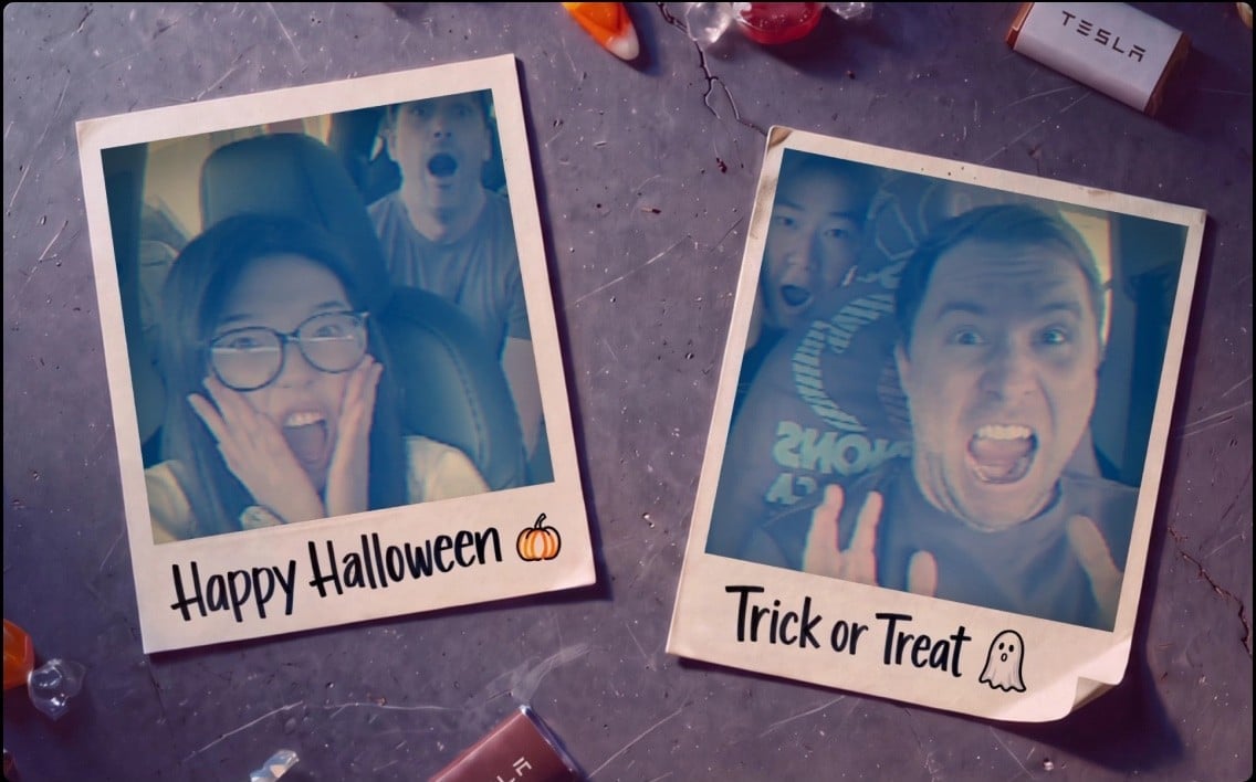 Two instant-photo frames of people in a car making scared faces, captioned Happy Halloween and Trick or Treat