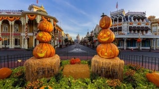 Fall and Halloween at Walt Disney World Resort with pumpkin decor on Main Street