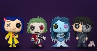 Four ragdoll-style figures with button eyes and stitched seams: a girl in a yellow raincoat, a green-haired man in a striped suit, a blue bride, and a girl in a blazer with a hand beside her