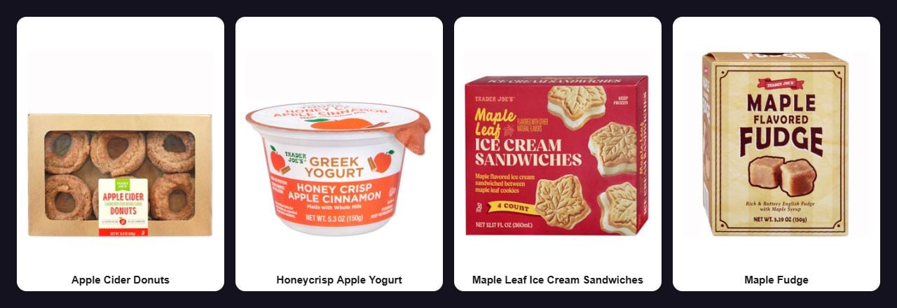 Trader Joe's apple and maple fall items: Apple Cider Donuts, Honeycrisp apple yogurt, Maple Leaf Ice Cream Sandwiches, and maple fudge