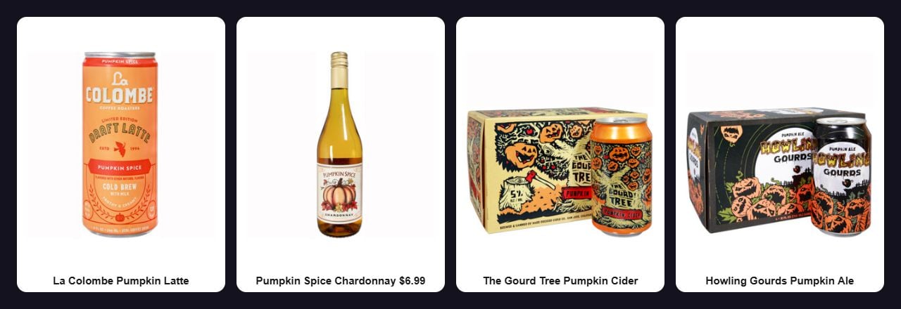 Trader Joe's fall drinks: La Colombe pumpkin spice latte, Pumpkin Spice Chardonnay, The Gourd Tree pumpkin cider, and Howling Gourds pumpkin ale