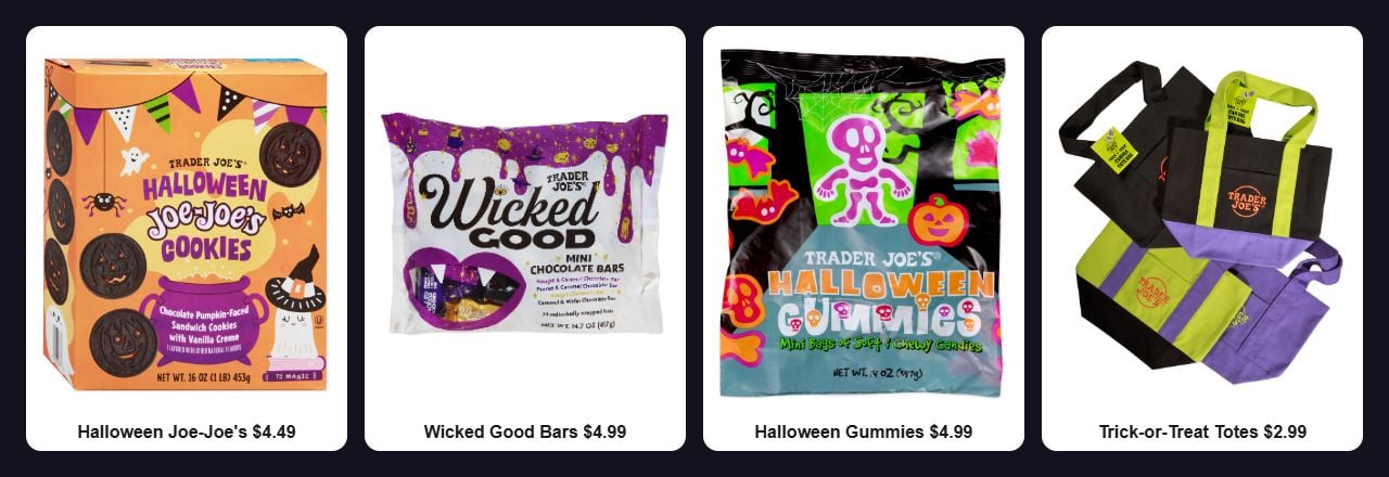Trader Joe's Halloween items: Halloween Joe-Joe's, Wicked Good mini chocolate bars, Halloween Gummies, and the Trick-or-Treat mini totes